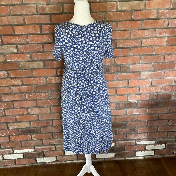 Blue and White Floral Wrap-Style Below Knee Summer Dress, Sz L - Picture 2 of 11